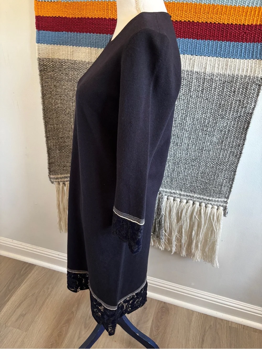 Tory Burch Navy Dress with Velvet Lace Trim Midi Dress